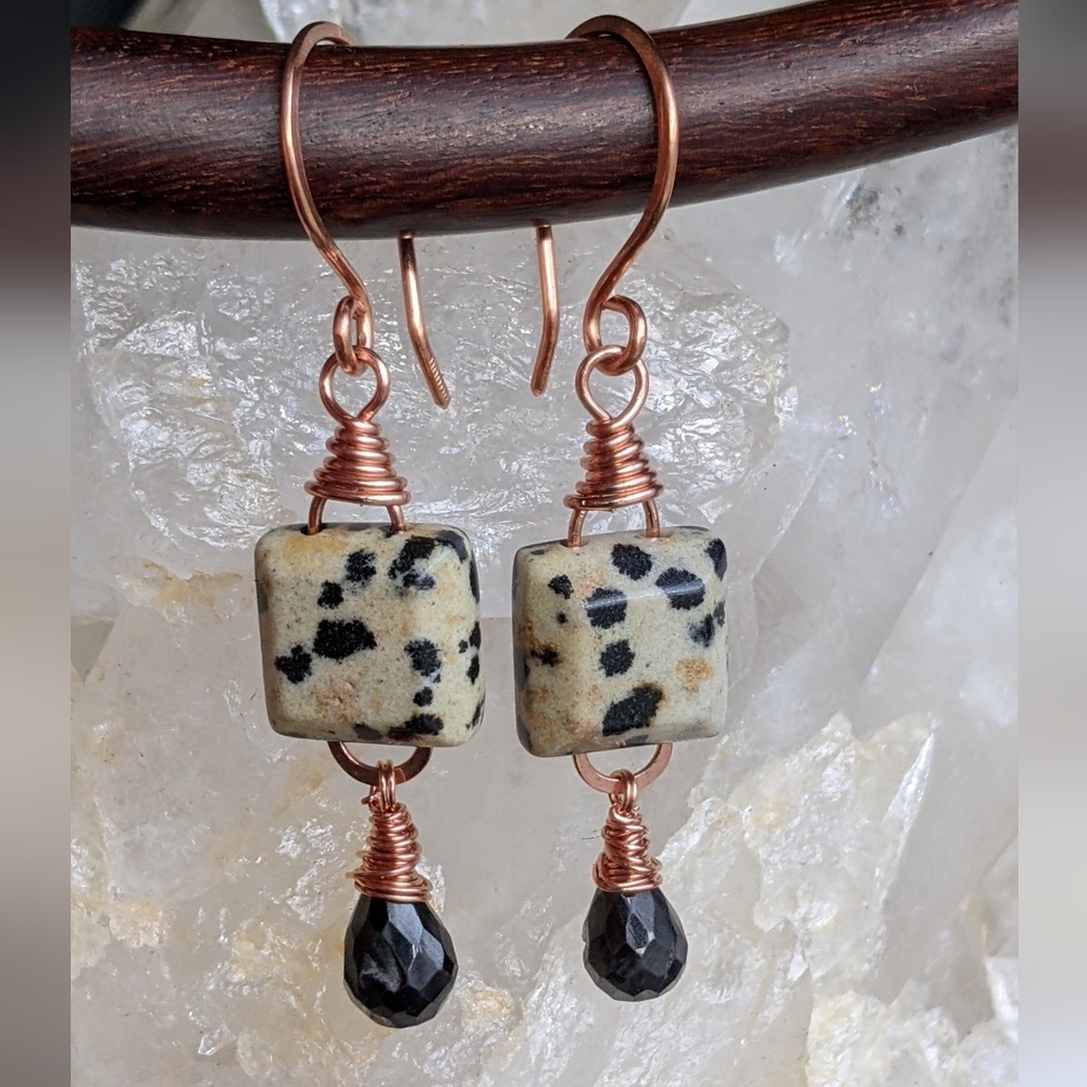 Unique Artisan Copper Earrings Black Spinel and Dalmatian Jasper Gemstones